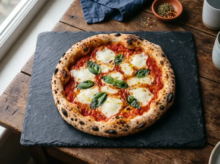 Pizza Margherita aus dem Holzofen auf einer Schieferplatte (KI-generiertes Bild)